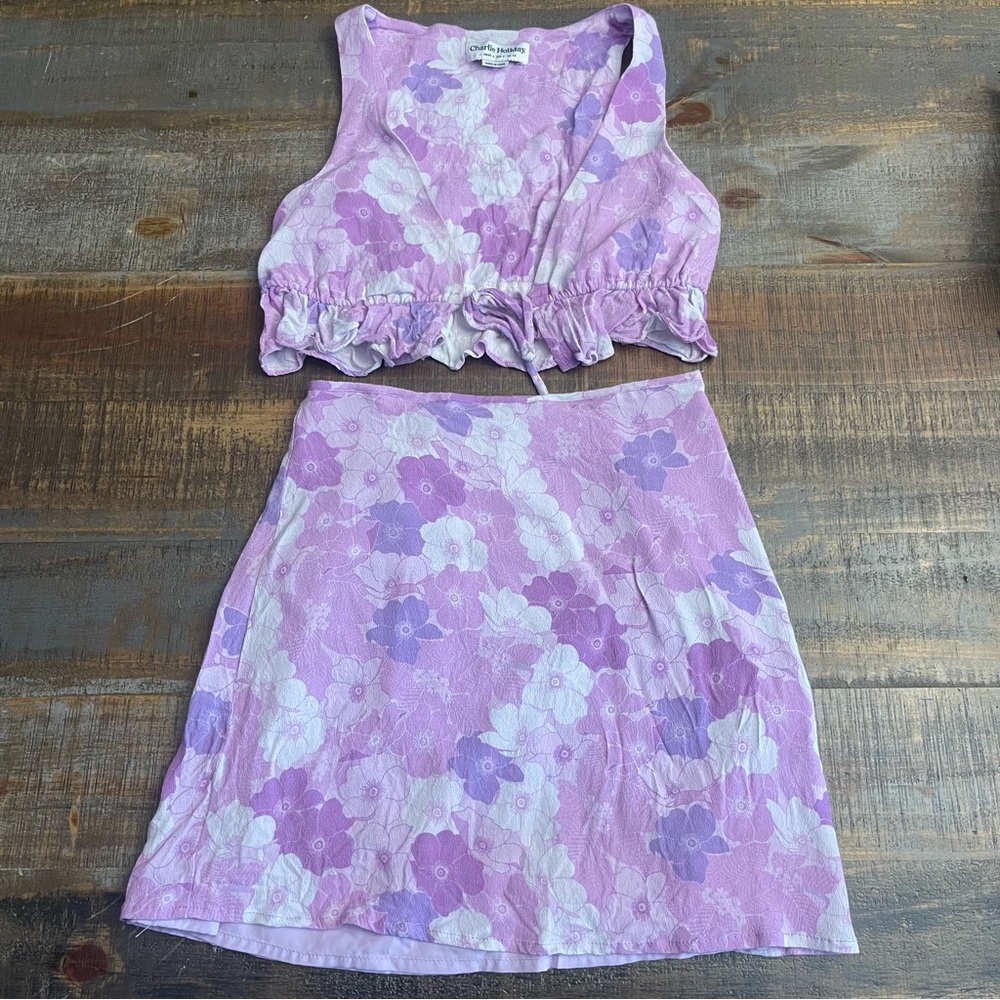 Charlie holiday purple floral tie front crop top and mini skirt outfit set